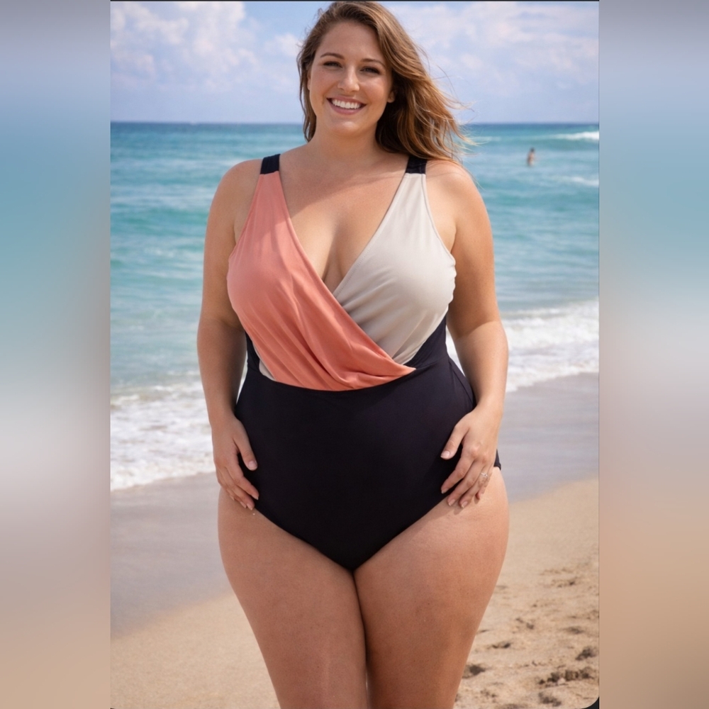 Cupshe Black White Peach Colorblock Wrap One Piece Swimsuit NWOT Large